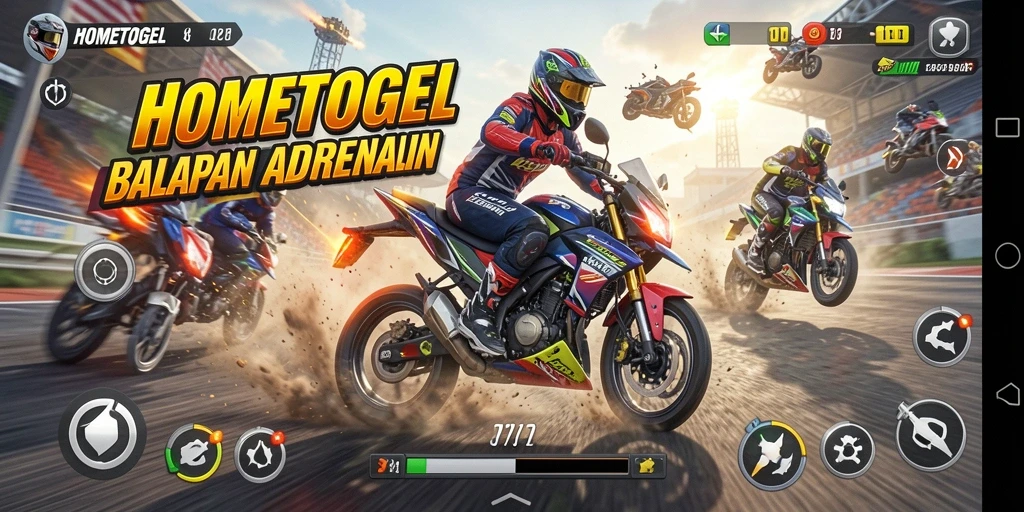 Tampilan gameplay HOMETOGEL dengan balapan motor yang seru.