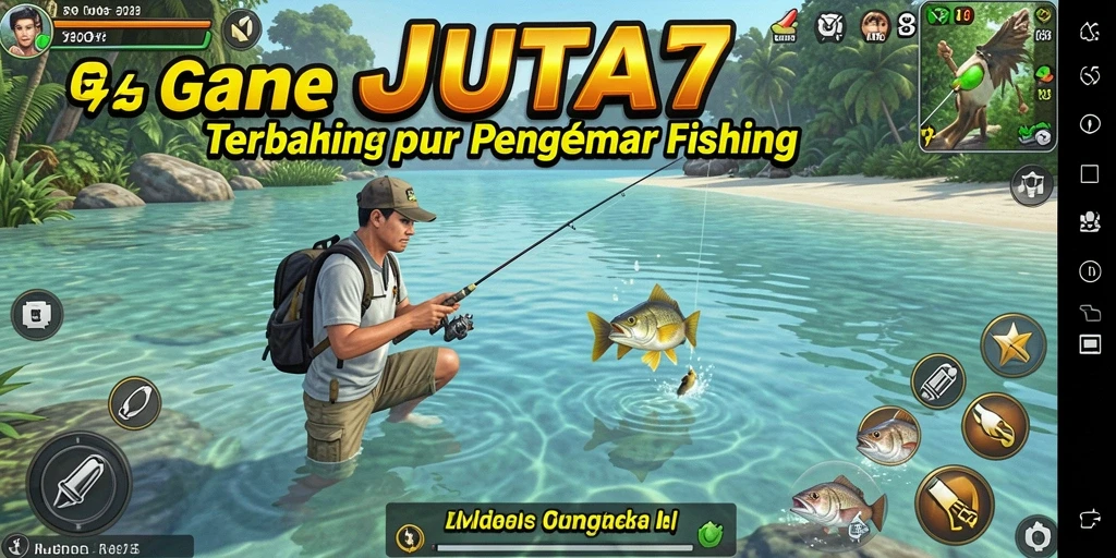 Tampilan menarik dari gameplay JUTA7 dengan berbagai aktivitas memancing.
