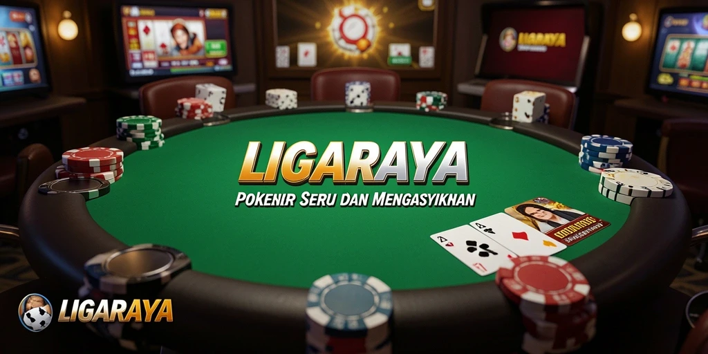 Tampilan utama gameplay LIGARAYA menunjukkan suasana meja poker.