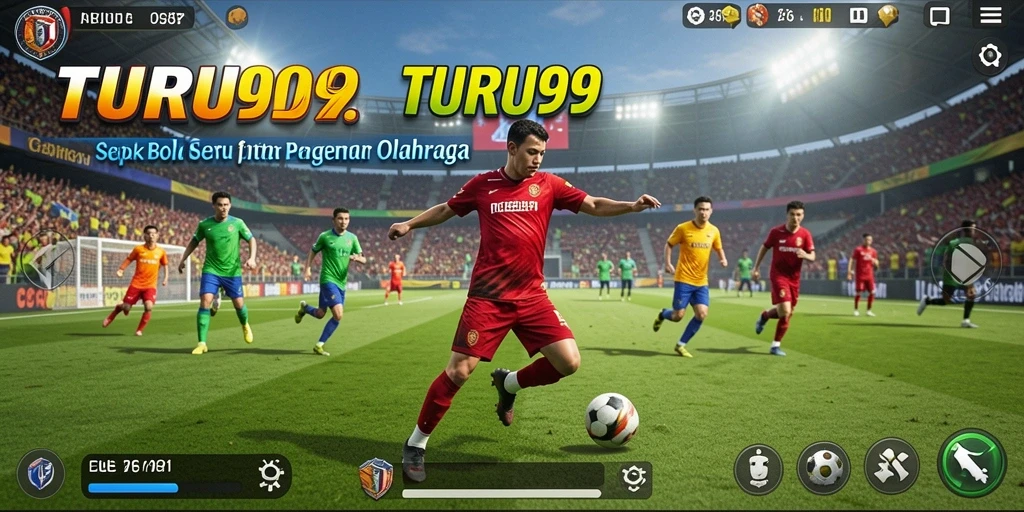 Tampilan gameplay TURU99 yang menunjukkan aksi sepak bola seru.